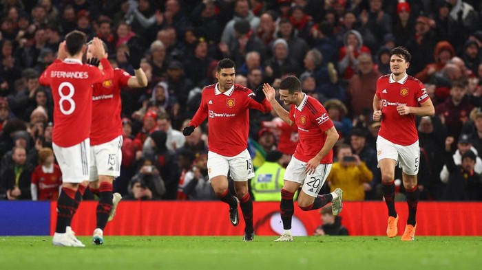 Soccer Football - FA Cup - Fifth Round - Manchester United v West Ham United - Old Trafford, Manchester, Britain - March 1, 2023 Manchester Uniteds Casemiro celebrates scoring their first goal before it is disallowed after a VAR review REUTERS/Carl Recine