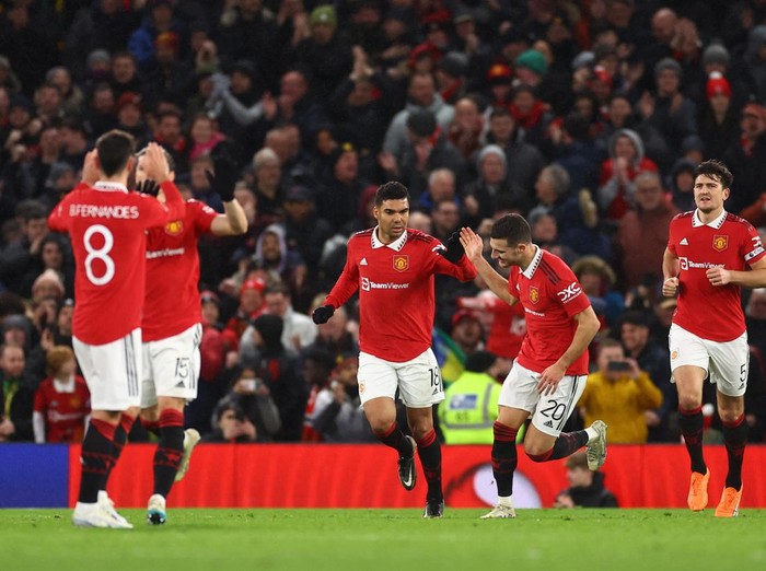 Soccer Football - FA Cup - Fifth Round - Manchester United v West Ham United - Old Trafford, Manchester, Britain - March 1, 2023 Manchester United's Casemiro celebrates scoring their first goal before it is disallowed after a VAR review REUTERS/Carl Recine