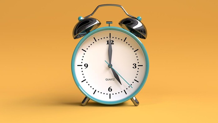 old alarm clock on yellow background - 5 oclock - 3d illustration rendering