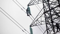 Sejumlah petugas PLN tampak membersihkan isolator menara SUTET.