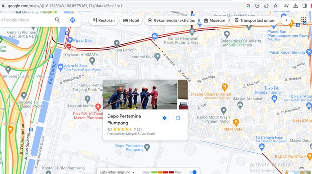 Tangkapan layar Google Maps kondisi lalu lintas di Jalan Plumpang, Koja, Jakarta Utara.