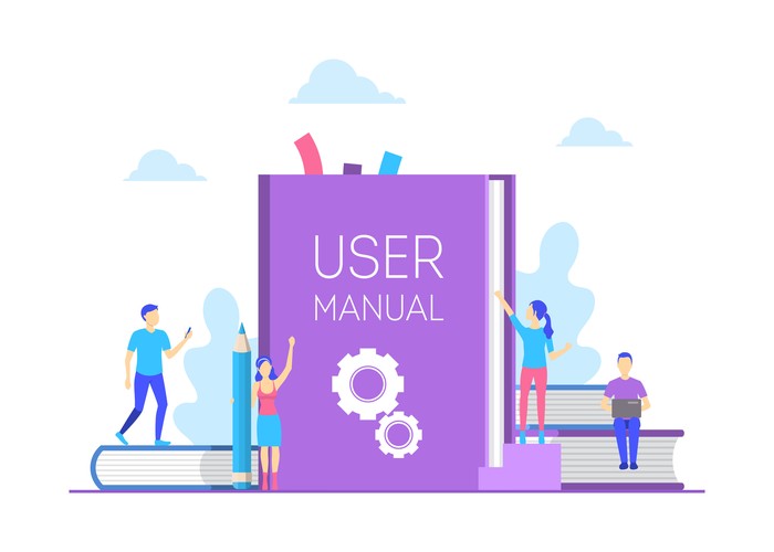 Cartoon Color User Manual Concept Flat Design Include of Tutorial Guidebook, Characters People and Clouds. Vector illustration