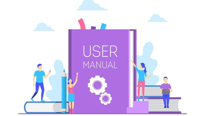 Cartoon Color User Manual Concept Flat Design Include of Tutorial Guidebook, Characters People and Clouds. Vector illustration