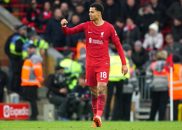 Liverpools Cody Gakpo celebrates scoring their sides first goal of the game during the Premier League match at Anfield, Liverpool. Picture date: Sunday March 5, 2023. (Photo by Peter Byrne/PA Images via Getty Images)