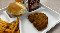 Terkesan asal-asalan, sekolah ini tak mempedulikan makanan siswanya. Sepotong daging yang konon adalah daging kalkun tampak tak menarik untuk disantap. Foto: The New York Post