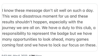 David De Gea melayangkan permintaan pernyataan di media sosial. Ini adalah momen malapetaka bagi kami dan hasil itu seharusnya tida terjadi, terutama melihat perjalanan kita, tulisnya. Foto: Twitter