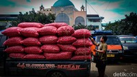 Truk dan pikap pengangkut bawang merah ini dikirim dari Brebes, Jawa Tengah ke Jakarta usai panen raya.