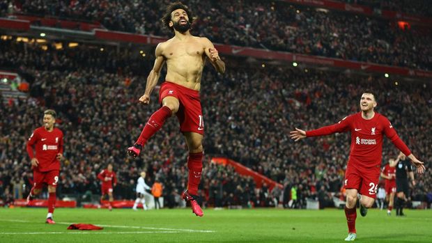 Soccer Football - Premier League - Liverpool v Manchester United - Anfield, Liverpool, Britain - March 5, 2023 Liverpool's Mohamed Salah celebrates scoring their sixth goal REUTERS/Carl Recine EDITORIAL USE ONLY. No use with unauthorized audio, video, data, fixture lists, club/league logos or 'live' services. Online in-match use limited to 75 images, no video emulation. No use in betting, games or single club /league/player publications.  Please contact your account representative for further details.