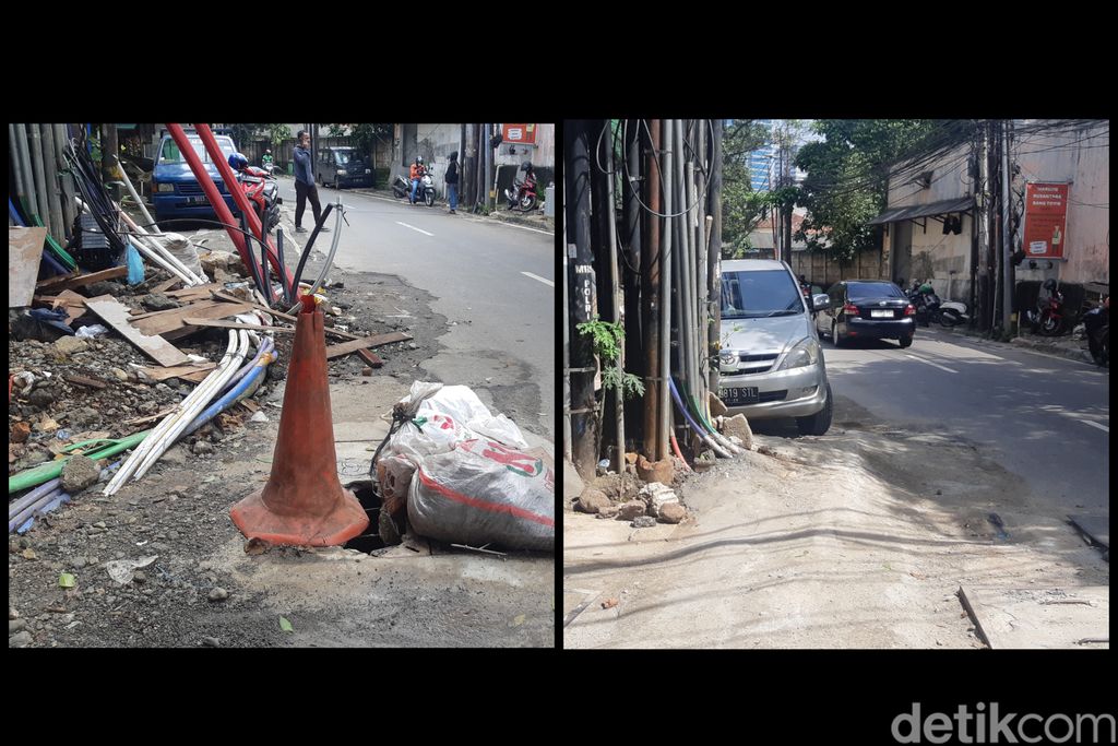 Kondisi Jl Kuningan Barat atau 'jalan seribu galian' di Jaksel, 7 Maret 2023 dan 28 Februari 2023. (Danu Damarjati/detikcom)