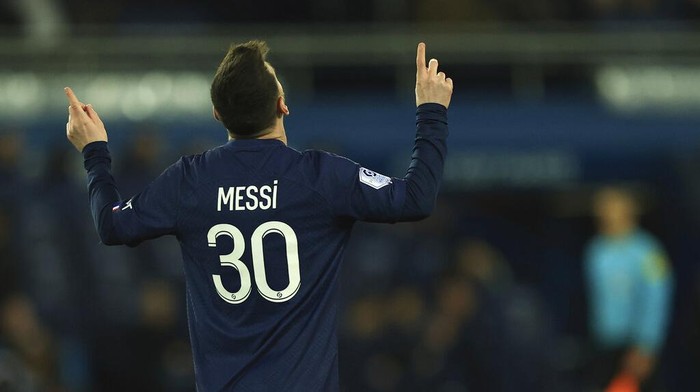 PSGs Lionel Messi celebrates after scoring his sides opening goal during the French League One soccer match between Paris Saint-Germain and Nantes at the Parc des Princes in Paris, Saturday, March 4, 2023. (AP Photo/Aurelien Morissard)