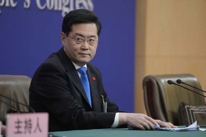 Chinese Foreign Minister Qin Gang looks on during a press conference held on the sidelines of the annual meeting of Chinas National Peoples Congress (NPC) in Beijing, Tuesday, March 7, 2023. (AP Photo/Mark Schiefelbein)