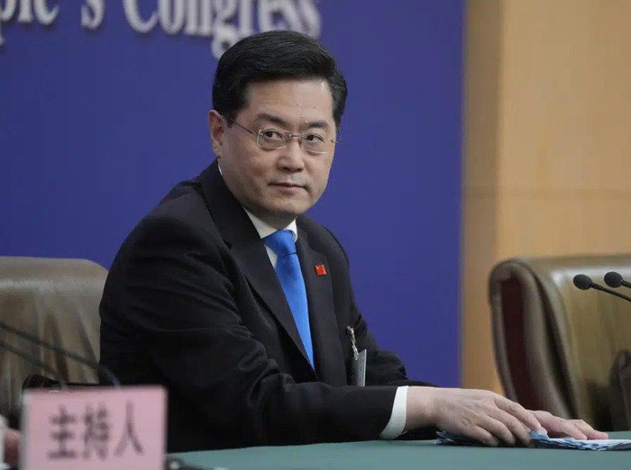 Chinese Foreign Minister Qin Gang looks on during a press conference held on the sidelines of the annual meeting of Chinas National Peoples Congress (NPC) in Beijing, Tuesday, March 7, 2023. (AP Photo/Mark Schiefelbein)