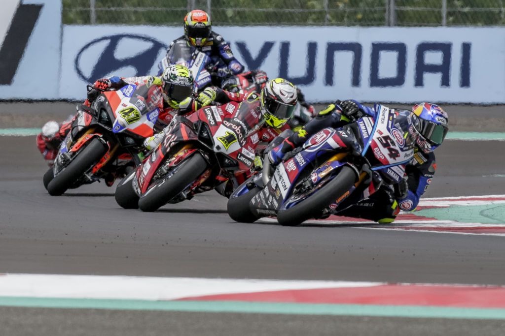 LOMBOK, INDONESIA - MARCH 4: Turkish superbike rider Toprak Razgatlioglu of Pata Yamaha Prometeon Worldsbk (54), Spanish rider Alvaro Bautista of Aruba.it-Racing Ducati (1) and Italian rider Axel Bassani of Motocorsa Racing (47) compete during the first race of Indonesia Round - World Superbike Championship 2023 at Pertamina Mandalika International Circuit in Lombok, Indonesia on March 4, 2023. Spanish Alvaro Bautista of Aruba.it-Racing Ducati won the first race followed by Turkish Toprak Razgatlioglu and Italian Andrea Locatelli of Pata Yamaha Prometeon Worldsbk. (Photo by Johannes P. Christo/Anadolu Agency via Getty Images)