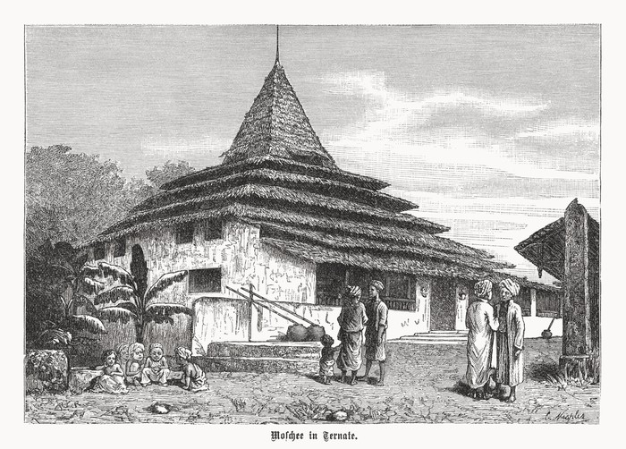 Historical view of the Sultan of Ternate Mosque in late 19th-century. Ternate is a city in the Indonesian province of North Maluku and an island in the Maluku Islands. The current mosque building was probably built in early 17th-century, around 1606, by the ninth Sultan Hamzah and has been restored several times, including the replacement of the original sago thatched material of the roof with corrugated steel, as well as demolition of some of the fence and other additional buildings. Wood engraving after a drawing, published in 1899.