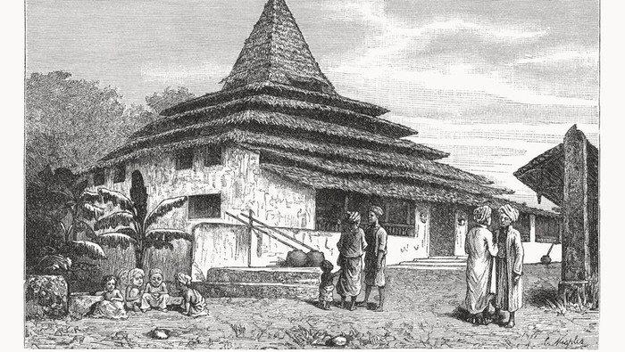 Historical view of the Sultan of Ternate Mosque in late 19th-century. Ternate is a city in the Indonesian province of North Maluku and an island in the Maluku Islands. The current mosque building was probably built in early 17th-century, around 1606, by the ninth Sultan Hamzah and has been restored several times, including the replacement of the original sago thatched material of the roof with corrugated steel, as well as demolition of some of the fence and other additional buildings. Wood engraving after a drawing, published in 1899.