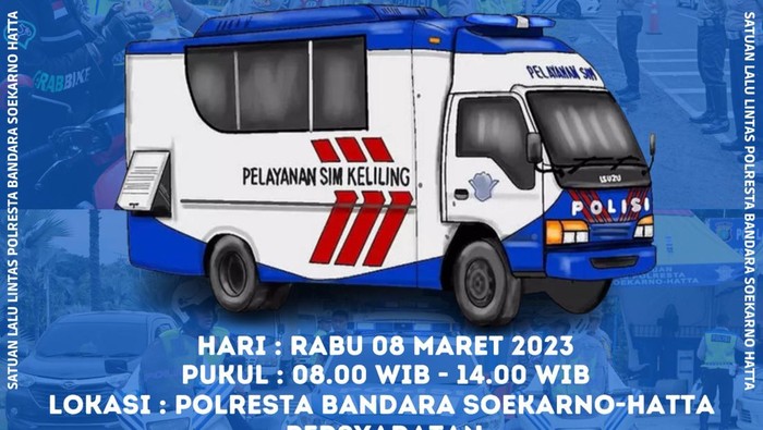 Layanan SIM keliling di Polresta Bandara Soekarno-Hatta, Rabu (8/3/2023) hari ini.