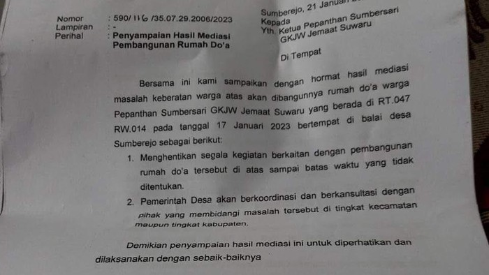Surat hasil mediasi penolakan pembangunan gereja di Malang