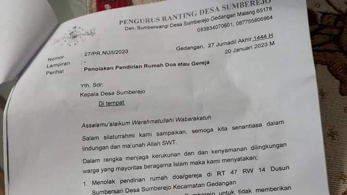 Surat penolakan pendirian Gereja Kristen Jawi Wetan di Malang