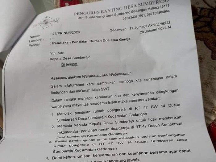 Surat penolakan pendirian Gereja Kristen Jawi Wetan di Malang