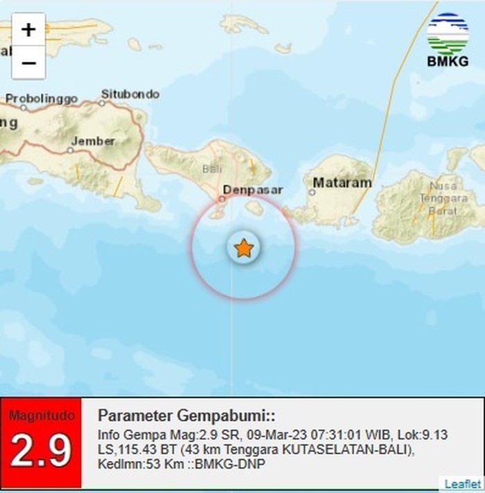 Gempa magnitudo 2,9 mengguncang wilayah Kuta Selatan, Badung, Bali, Kamis (9/3/2023) pagi ini, pukul 08.31 Wita.