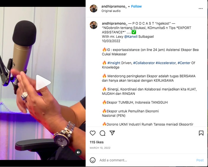 Jam tangan Andhi Pramono termpampang dalam video reels di akun Instagramnya. (Instagram andhipramono_)