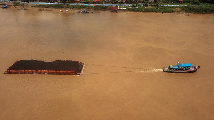 Foto udara kapal tongkang bermuatan batu bara melintasi Sungai Batanghari di Kasang, Jambi, Rabu (8/3/2023). Data Dinas Perhubungan Provinsi Jambi menyebutkan dari puluhan perusahaan pemegang Izin Usaha Pertambangan (IUP) di daerah itu, baru dua perusahaan yang memanfaatkan jalur sungai untuk angkutan batu bara, sedangkan sisanya masih melalui jalur darat karena ada kendala pendangkalan di beberapa titik di sungai. ANTARA FOTO/Wahdi Septiawan/nym.