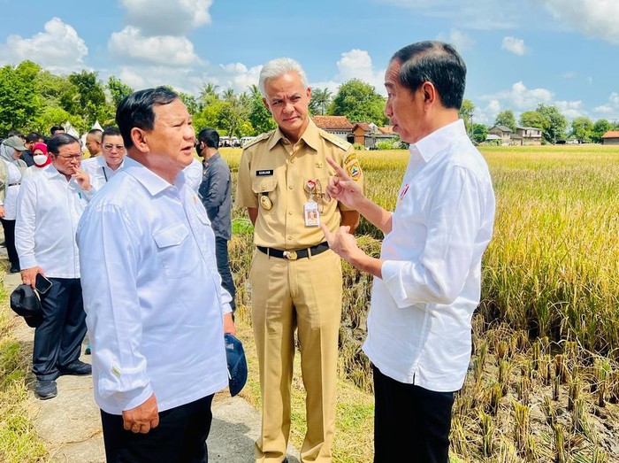 Presiden Joko Widodo didampingi Menteri Pertahanan Prabowo Subianto dan Gubernur Jawa Tengah Ganjar Pranowo saat meninjau panen raya padi di Desa Lajer, Kabupaten Kebumen, Kamis (9/3). 

Foto: Biro Pers Sekretariat Presiden
