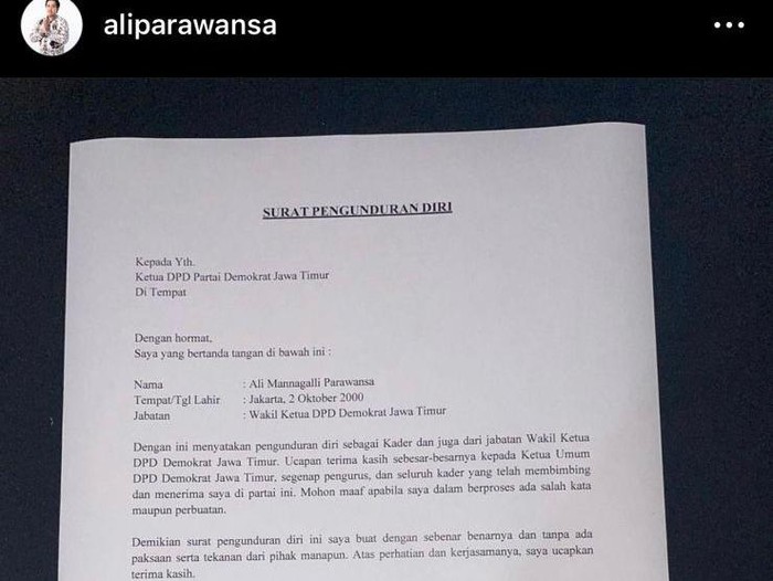 Surat pengunduran diri Ali Mannagalli dari Demokrat