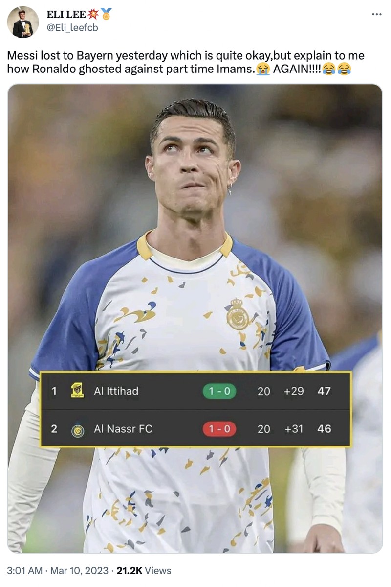 Al Nassr gagal melawan Al Ittihad dalam laga lanjutan Liga Arab Saudi, sehingga tim Cristiano Ronaldo Cs turun peringkat.