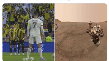 Tendengan bebas Ronaldo diledek karena melambung sampai ke Planet Mars. Foto: Twitter