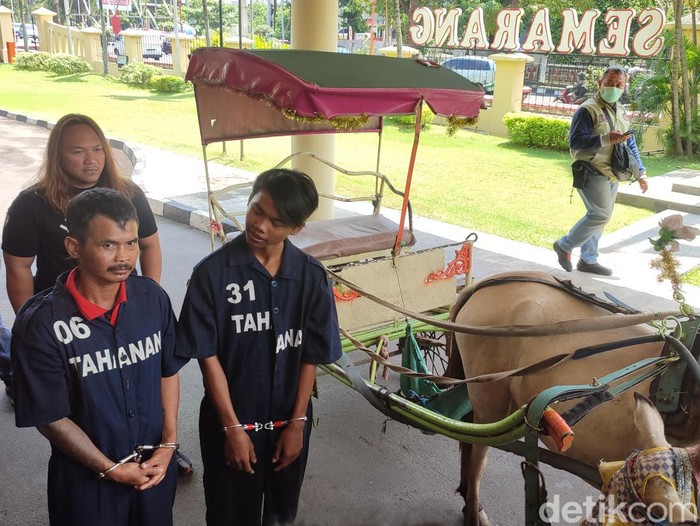 Dua tersangka pencurian delman di Mapolrestabes Semarang, Jumat (10/3/2023).