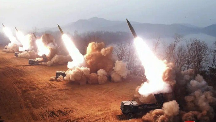 This photo provided by the North Korean government shows what it says is an artillery drill at an undisclosed location in North Korea, Thursday, March 9, 2023. Independent journalists were not given access to cover the event depicted in this image distributed by the North Korean government. The content of this image is as provided and cannot be independently verified. Korean language watermark on image as provided by source reads: 