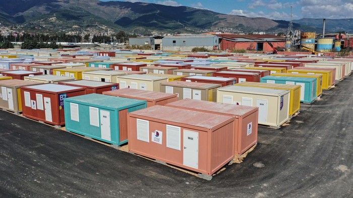 HATAY, TURKIYE - MARCH 09: An aerial view of containers, 18 square meters each and consisting of bedroom and bathroom, constructed for the 2022 FIFA World Cup, sending for the earthquake survivors, in Hatay, Turkiye on March 09, 2023. Qatar has donated 10,000 containers to quake-hit Turkiye and it is planned to set 5,000 of them up in Iskenderun district of Hatay. (Photo by Oguz Yeter/Anadolu Agency via Getty Images)