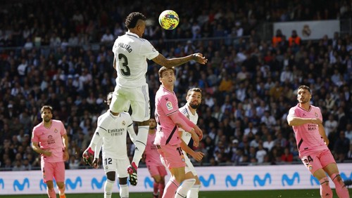 Soccer Football - LaLiga - Real Madrid v Espanyol - Santiago Bernabeu, Madrid, Spain - March 11, 2023 Real Madrids Eder Militao scores their second goal REUTERS/Juan Medina