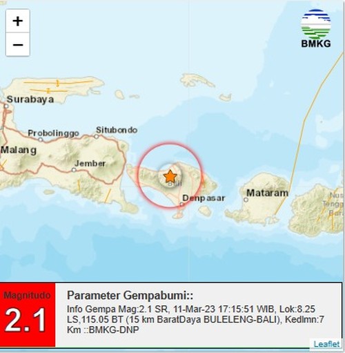 Gempa magnitudo 2,1 mengguncang Kabupaten Buleleng, Bali, pukul 18.15 Wita pada Sabtu, 11 Maret 2023.