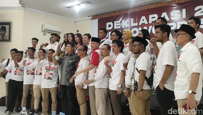 Acara deklarasi Prabowo Mania 08 di Gedung Joang, Jakarta Pusat, Minggu (13/3/2023). (Dwi Rahmawati/detikcom)
