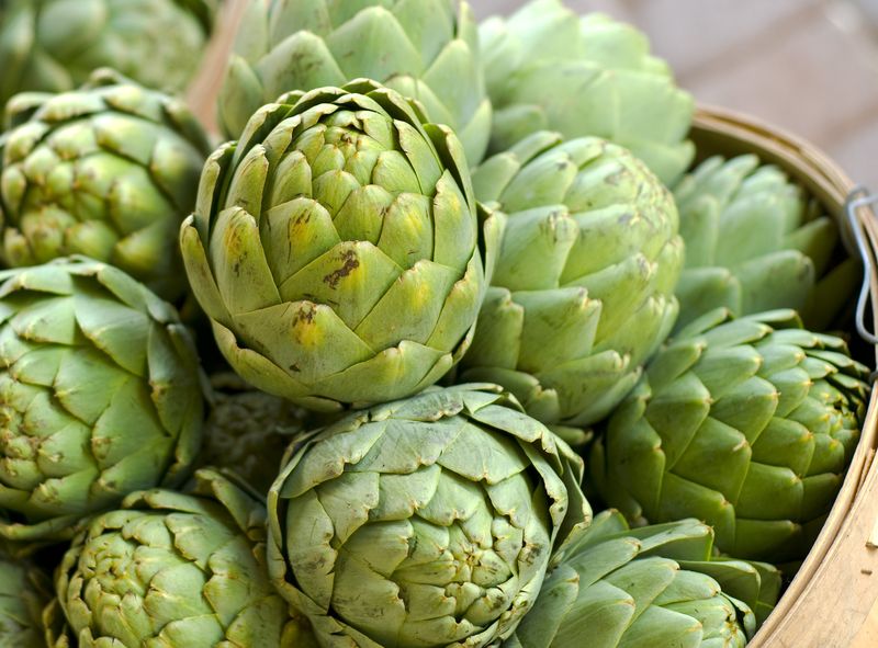 Fresh artichokes in a basket for sale at a market. (SEE LIGHTBOXES BELOW for more organic spring vegetables, fruits, meals & food backgrounds...)