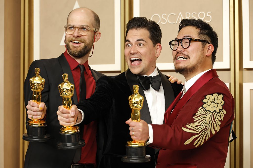 HOLLYWOOD, CALIFORNIA - MARCH 12: (L-R) Daniel Scheinert, Daniel Kwan, and Jonathan Wong winners of the Best Picture award for 