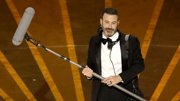 HOLLYWOOD, CALIFORNIA - MARCH 12: Host Jimmy Kimmel speaks onstage during the 95th Annual Academy Awards at Dolby Theatre on March 12, 2023 in Hollywood, California. (Photo by Kevin Winter/Getty Images)