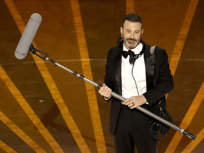 HOLLYWOOD, CALIFORNIA - MARCH 12: Host Jimmy Kimmel speaks onstage during the 95th Annual Academy Awards at Dolby Theatre on March 12, 2023 in Hollywood, California. (Photo by Kevin Winter/Getty Images)