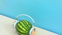 Buah semangka ini terlihat asyik menggunakan headphone berwarna keemasan. Meski tidak ada gambar, tapi terlihat keren! Foto: Instagram @littledrill