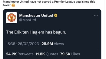 Sejak tweet era Erik Ten Hag sudah dimulai ini, MU belum mencetak gol lagi di Liga Inggris. Foto: Twitter