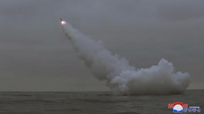A general view as North Korea fired two missiles from a submarine striking an underwater target, according to state media, at an undisclosed location in North Korea March 12, 2023 in this photo released by North Koreas Korean Central News Agency (KCNA). KCNA via REUTERS