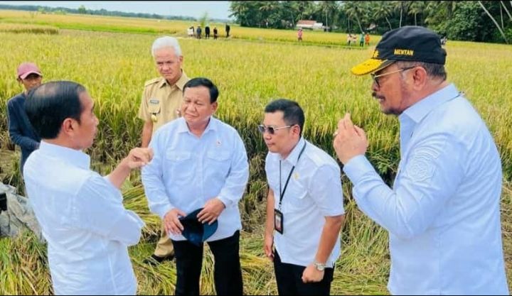 Presiden Joko Widodo bersama Menhan Prabowo Subianto, Mentan Syahrul Yasin Limpo, dan Gubernur Jateng Ganjar Pranowo, dan Kepala Bapanas Arief Prasetyo Adi usai menyaksikan panen raya padi di Kebumen, Provinsi Jawa Tengah, Kamis (9/3/2023). Dalam kesempatan tersebut, Presiden mengumumkan Bapanas tengah mempersiapkan HPP baru untuk harga gabah dan beras yang wajar. (Dok: Bapanas)