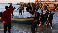 Nelayan Palestina mengumpulkan ikan pari manta yang terdampar di Pantai Kota Gaza, Minggu (12/3/2023). Majdi Fathi/Getty Images
