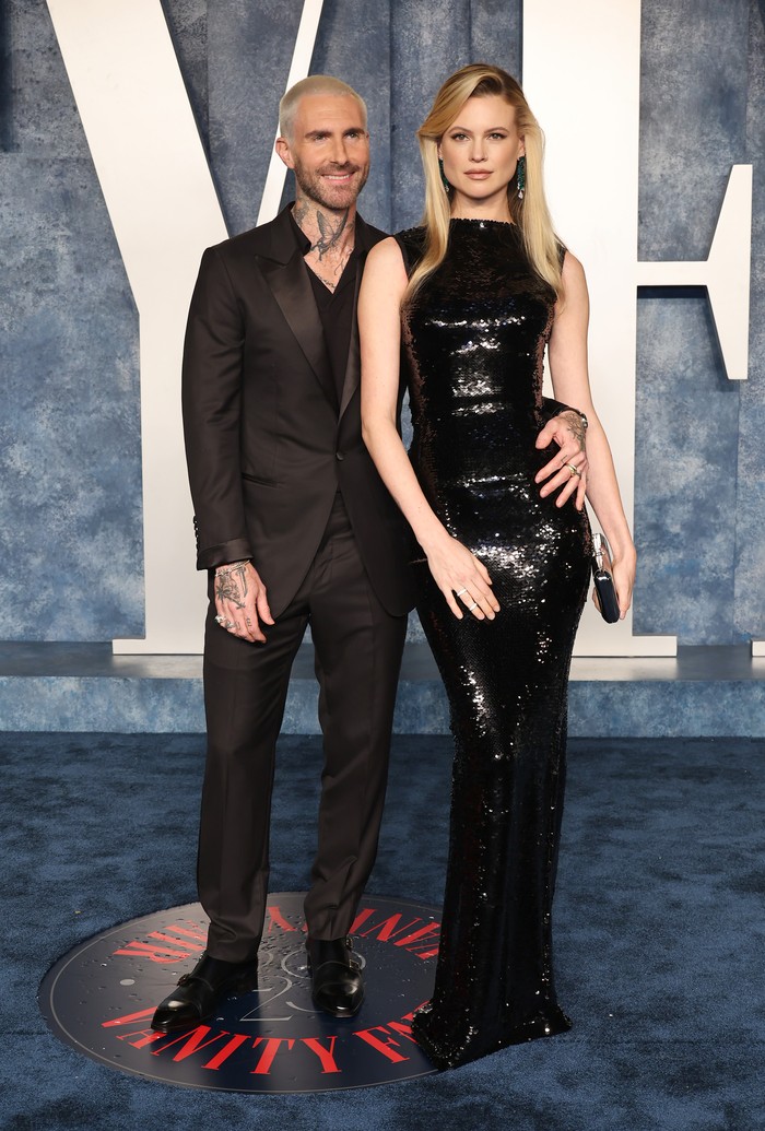 Adam Levine BEVERLY HILLS, CALIFORNIA - MARCH 12: (L-R) Adam Levine and Behati Prinsloo attend the 2023 Vanity Fair Oscar Party Hosted By Radhika Jones at Wallis Annenberg Center for the Performing Arts on March 12, 2023 in Beverly Hills, California. (Photo by Amy Sussman/Getty Images)