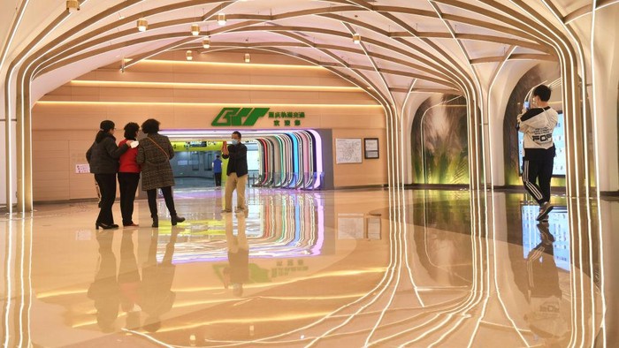 CHONGQING, CHINA - MARCH 13: A metro station decorated with light installations on March 13, 2023 in Chongqing, China. (Photo by Zhou Yi/China News Service/VCG via Getty Images)