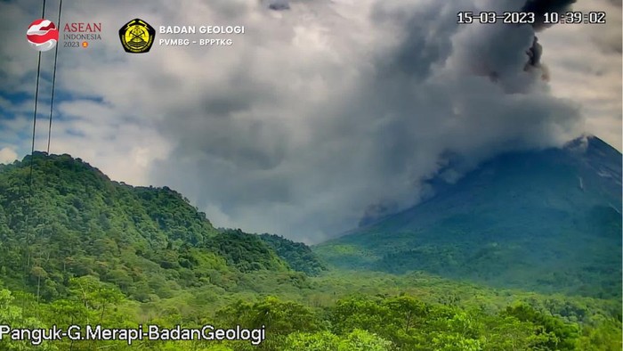 Gunung Merapi kembali erupsi. Merapi memuntahkan awan panas pada pukul 10.36 WIB, Rabu (15/3/2023).