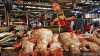 Pedagang ikan laut melayani pembeli di Pasar Koja Baru, Selasa (14/3/2023).