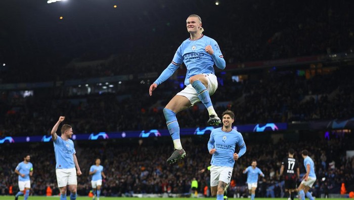 Soccer Football - Champions League - Round of 16 - Second Leg - Manchester City v RB Leipzig - Etihad Stadium, Manchester, Britain - March 14, 2023 Manchester Citys Erling Braut Haaland celebrates scoring their fifth goal REUTERS/Carl Recine